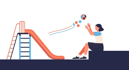 Joyful Afternoon Depicting A Young Girl Playing Catch Beside A Slide