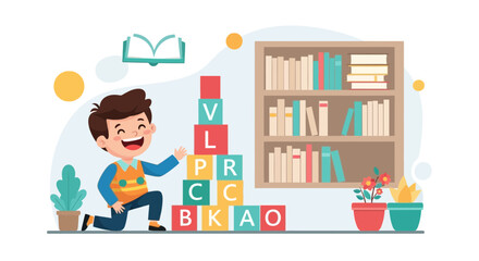 Joyful Boy Stacking Alphabet Blocks Near Bookshelf And Plants In Bright Room