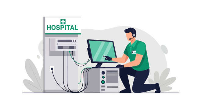Medical Facility Technician Working on System Setup and Configuration Network Equipment