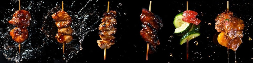  teriyaki sauce splashing onto grilled chicken skewers, sweet soy glaze cascading onto stir-fried vegetables, and clear fruit glaze splashing onto fluffy pancakes, isolated on black background
