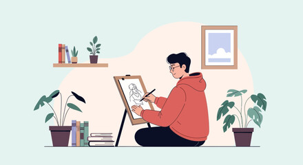 Man Drawing Portrait Sketch On Canvas In Comfortable Relaxed Home Environment