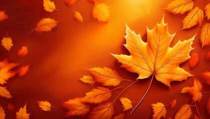 Vibrant autumn-themed illustration with golden and orange leaves scattered on a textured background. A seasonal design evoking warmth, nature, and the beauty of fall foliage.
