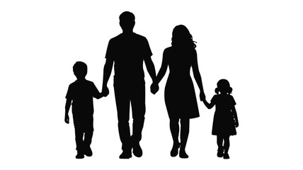 Silhouette of a family of four walking together holding hands against a white background in a vector image on transparent background