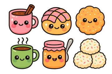 Kawaii Mexican festive sweets featuring pan dulce, ponche, and buñuelos in vivid pastel colors. Perfect for cultural holiday stickers and stock illustrations.