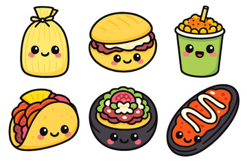 Kawaii Mexican street food icons featuring tamales, tacos al pastor, and esquites in vivid pastel colors. Perfect for kawaii culinary stickers and stock illustrations.