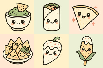 Cute pastel cartoon Mexican dishes like guacamole, quesadilla, and chile en nogada. Ideal for kawaii packaging, recipe graphics, and cultural stock illustrations.

