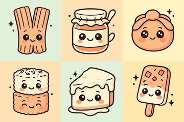 Kawaii Mexican dessert icons featuring churros, pan de muerto, and tres leches with pastel backgrounds. Perfect for kawaii food stickers and stock illustrations.