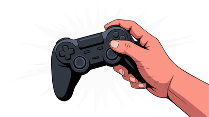 Hand holding a black video game controller with visible buttons and directional pad on white background on transparent background