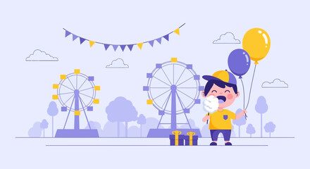 Joyful Day At The Carnival A Boy Holds Balloons And Eats Cotton Candy