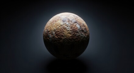 Close-up of a rust-colored, textured sphere, illuminated from the front, against a dark background