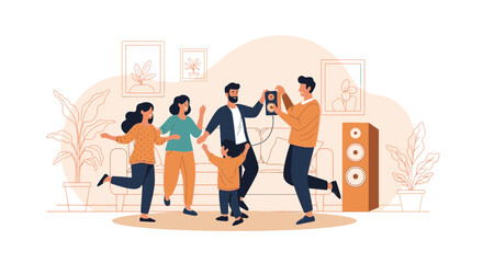 Naklejka premium Joyful Family Gathering, Dancing and Celebrating Together at Home, Vector Art
