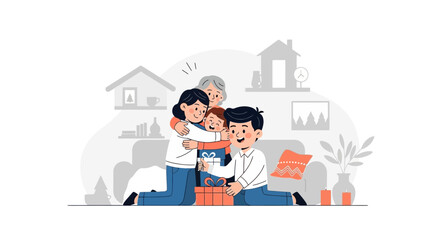 Joyful family scene of hugging with love and opening gifts in their cozy living room happy together