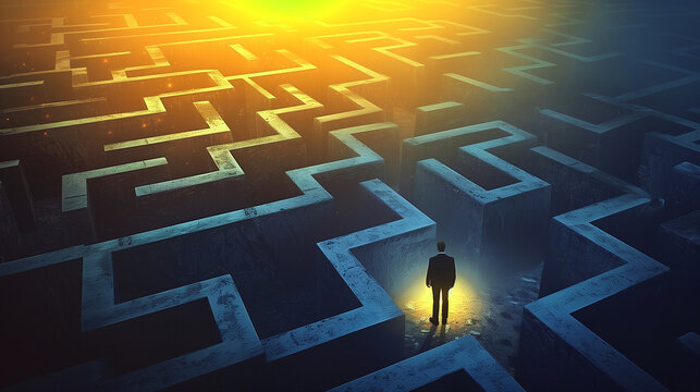 Man Navigating Dark Labyrinth Toward Distant Light &ndash; Symbol of Strategy and Determination