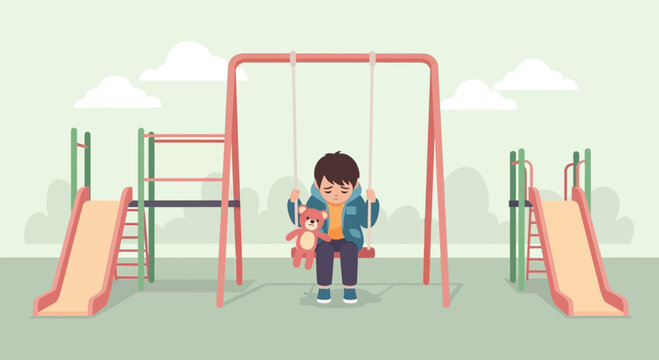 Melancholy Afternoon Depicts Sad Boy On Swing At Playground In Flat Vector Style