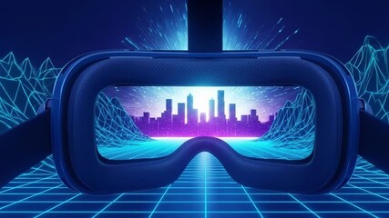 Flat illustration of closeup of a vr headset displaying a futuristic cityscape with neon lights and digital grid - Powered by Adobe