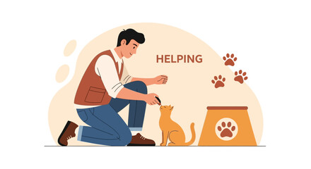 Man Gives Treat To His Orange Tabby Cat In Cartoon Vector Design