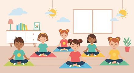 Mindful Kids Practicing Meditation In Peaceful Classroom Setting Illustration