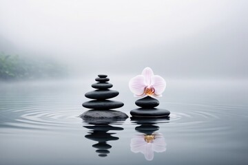 Spa scene with stacked black basalt stones and pink orchid flower on water surface, soft reflections and gentle mist on a light gray background. Ideal for wellness, beauty, relaxation concepts, banner