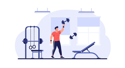 Man lifting dumbbells in a gym exercising and building strength fitness vector illustration indoors for good health and power