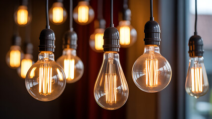 Warm Glow Vintage Edison Style Filament Bulbs Hanging Interior Lighting Closeup edison bulb