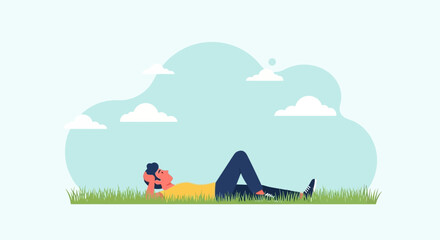 Man Lying on Grass, Enjoying Serenity Under Cloudy Sky