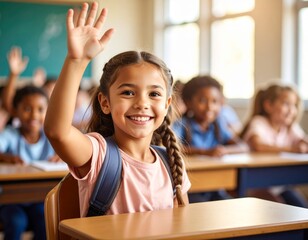 Smiling Student Raising Hand in a Bright Classroom with Classmates