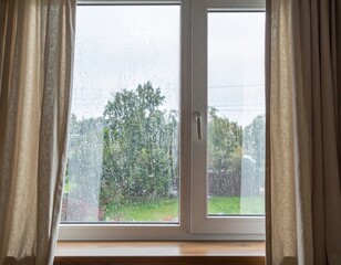 Fototapeta premium Rainy Day View Through a White Framed Window with Beige Curtains at Home