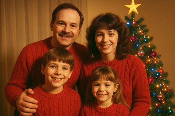 retro vintage nostalgia photo of Happy family in matching red sweaters celebrating christmas by a decorated tree. 1980 1990 photo