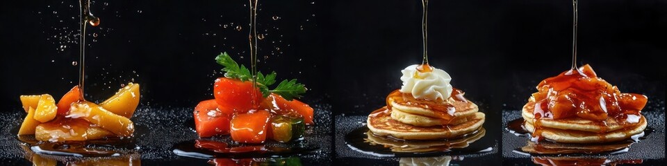 teriyaki sauce dripping onto roasted vegetables, sweet soy glaze cascading onto stir-fried vegetables, and clear fruit glaze splashing onto fluffy pancakes, isolated on black background