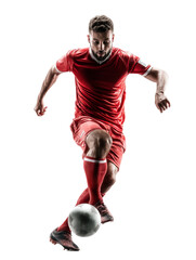 Naklejka premium PNG Of A determined male athlete in a red soccer uniform skillfully dribbles a white ball, showcasing dynamic movement and focus.