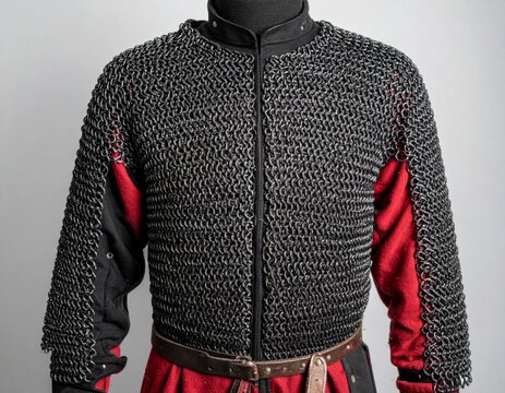 Detailed Chainmail Armor with Red Fabric Accents on Display with Gray Backdrop