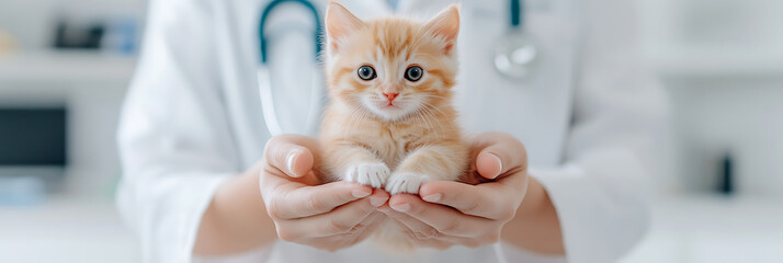 Ginger Kitten in Caring Hands: A small ginger tabby kitten is gently cradled in a caregiver's hands, symbolizing pet health and compassionate care.