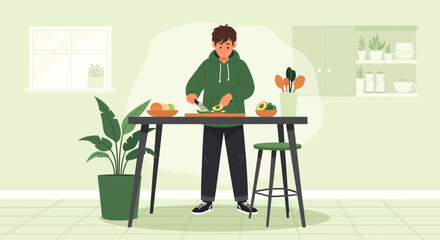 Fototapeta premium Man Prepares Healthy Meal With Avocado In A Bright Modern Kitchen