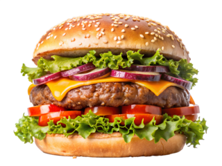 Delicious hamburger with cheese, lettuce, tomato, and onion isolated on transparent background