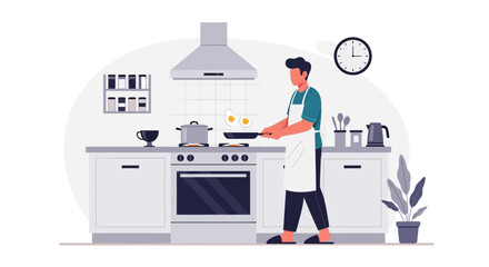 Fototapeta premium Man Preparing Breakfast with Fried Eggs in a Modern Minimalist Kitchen