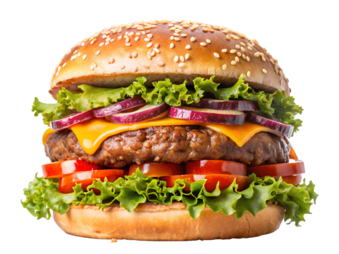 Delicious hamburger with cheese, lettuce, tomato, and onion isolated on transparent background - Powered by Adobe