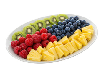 A white plate filled with fresh kiwi slices, blueberries, raspberries and pineapple chunks neatly arranged on transparent background