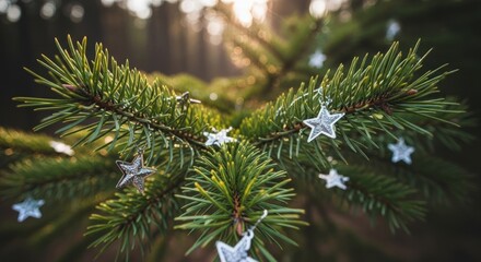 Close-up of silver star ornaments on a pine bough