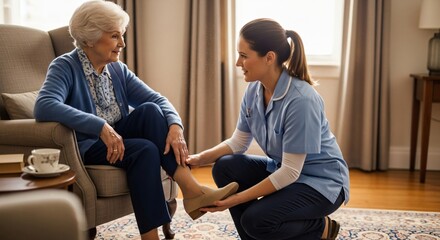 Nurse Assisting Senior Woman at Home, Health Checkup, Cozy Living Room
