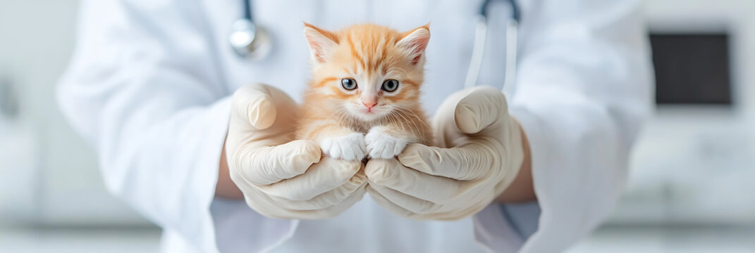 A ginger kitten is gently held in the gloved hands of a person in a lab coat, symbolizing care and veterinary medicine. - Powered by Adobe