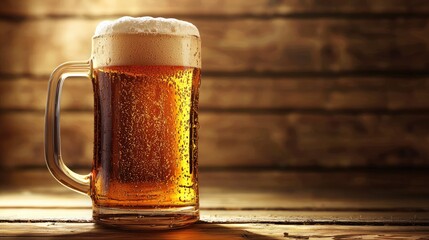 Cold mug of beer with thick foam on rustic wooden table in warm natural light, ideal for bar menus, pub promotions, brewery ads, and Oktoberfest-themed content