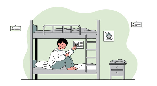 Lonely Young Man Crying Sitting on Bunk Bed Thinking Of His Family