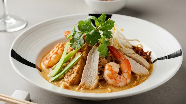 Gourmet bowl of traditional Singaporean Laksa, a spicy coconut noodle soup with shrimp, chicken, tofu, and fresh herbs.