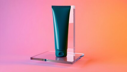 Teal cosmetic tube and white toothbrush on clear acrylic stand
