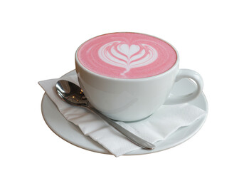 A cup of pink latte art with a heart design on a saucer with a spoon and a napkin present on transparent background