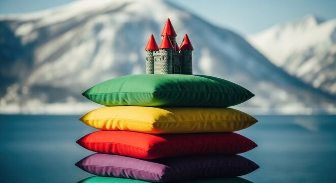 Colorful pillows stacked high, supporting a miniature castle, set against a backdrop of snowy mountains and a serene lake