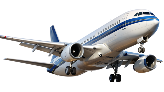 Commercial Airplane Taking Off with Blue and White Livery on transparent background