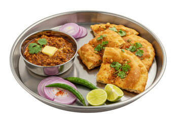 A metal plate with a bowl of food, fried bread, onion slices, lime wedges, and green chilies on transparent background