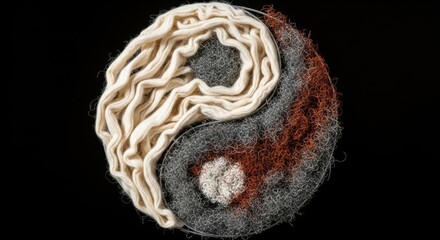 Yin and yang symbol created with different textures. Balance and harmony in contrasting elements. Abstract design for spiritual concepts.