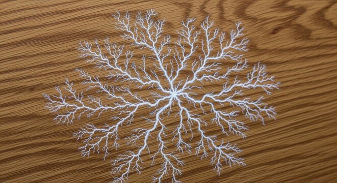 Lichtenberg figure on wood background. Fractal branching pattern created by high voltage electricity. Abstract discharge for science and art.